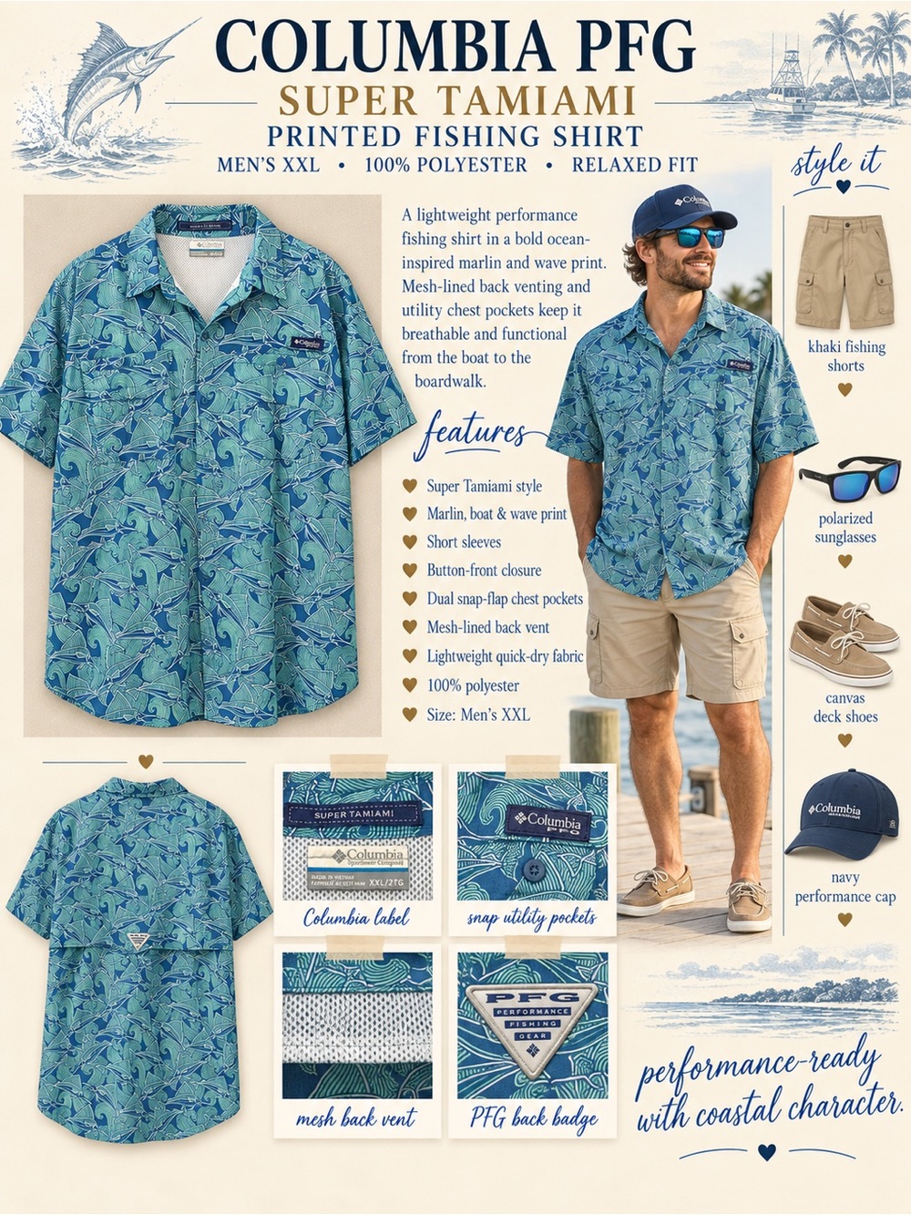 Columbia PFG Super Tamiami Men’s XXL Marlin Print Vented Fishing Shirt